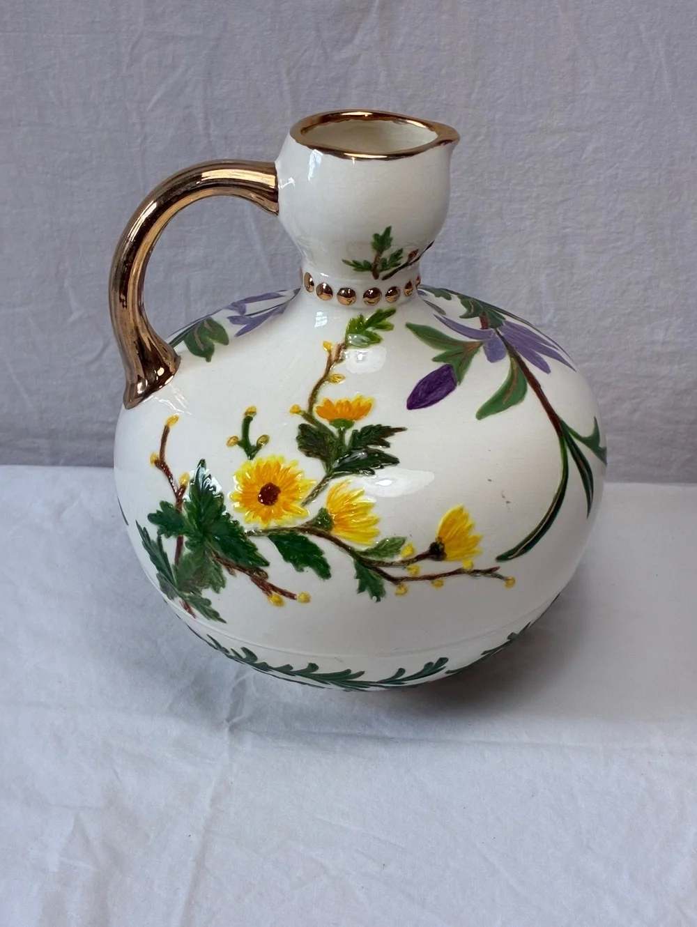 Vintage Hand-Painted Floral Ceramic Pitcher with Gold Accents - 8.5 in Height
